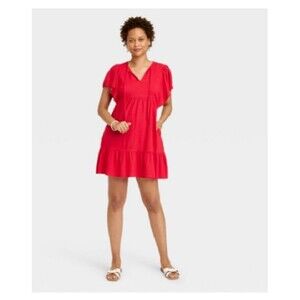 Knox Rose Ruffle Short Sleeve A Line Dress - RED - Womens Large - NEW
